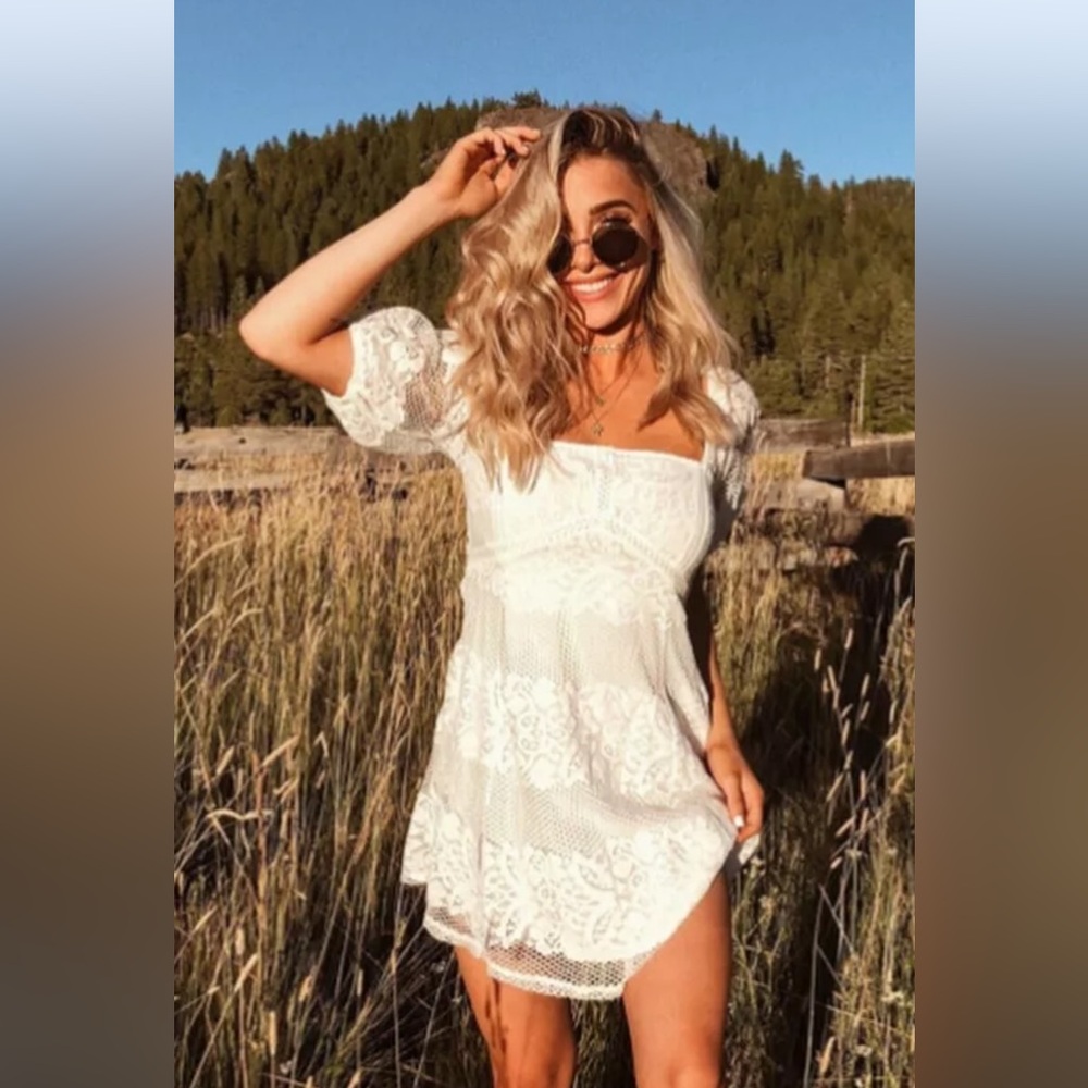 Free People White Lace Puff Sleeve Mini Dress M Boho Cottagecore Summer Festival